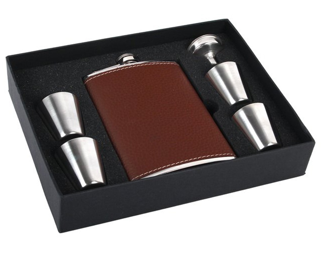 Zakfles Set Leder Bruin 8oz