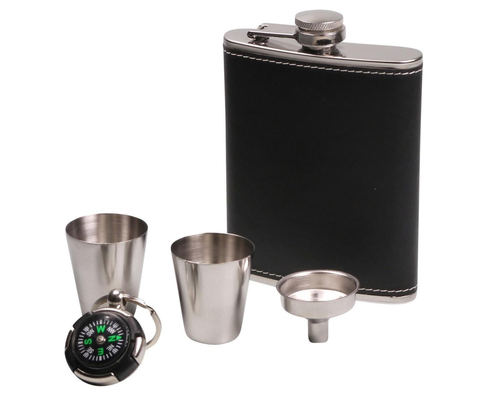 Hip Flask Set Chrome Leather Black 7oz