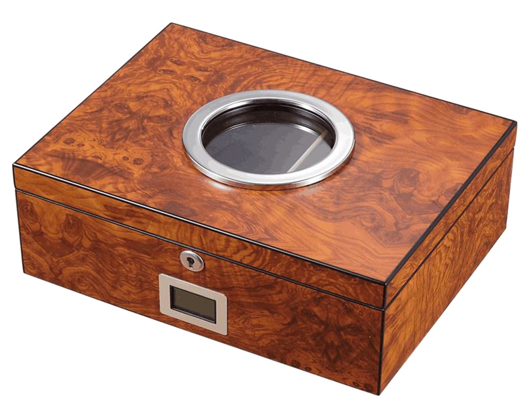 Humidor Burl Veneer Matte Verre Rond - 50 Cigares