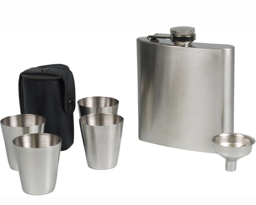 [725687] Hip Flask Chrome Satin + 2 Cups & Funnel - 6oz