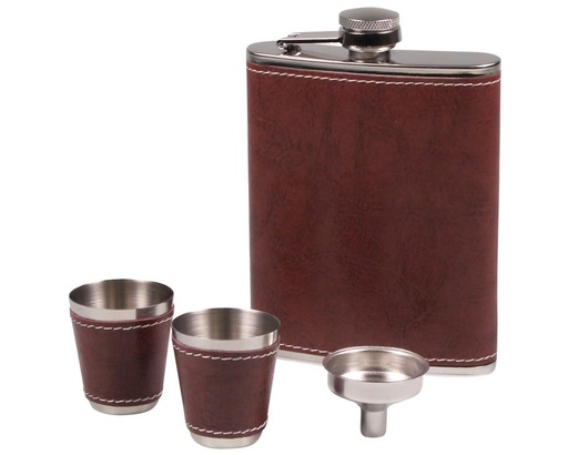 [725762] Hip Flask Set Chrome Leather Brown 7oz